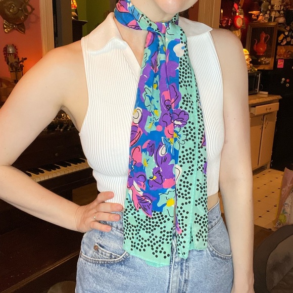 vintage honey multi color rolled silk scarf with a funky floral and polka dot - Picture 2 of 8